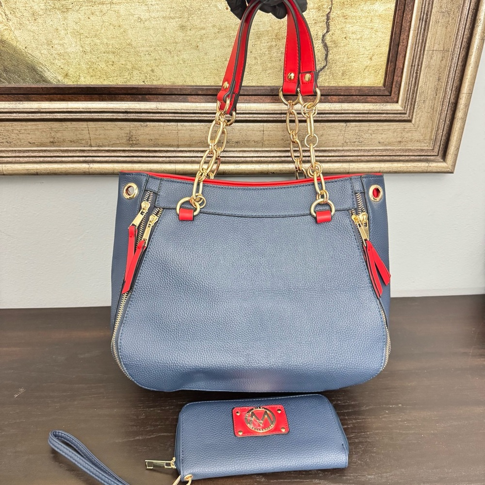 MKF Collection Blue Red Chain Shoulder Bag with Matching Wristlet - Picture 2 of 12